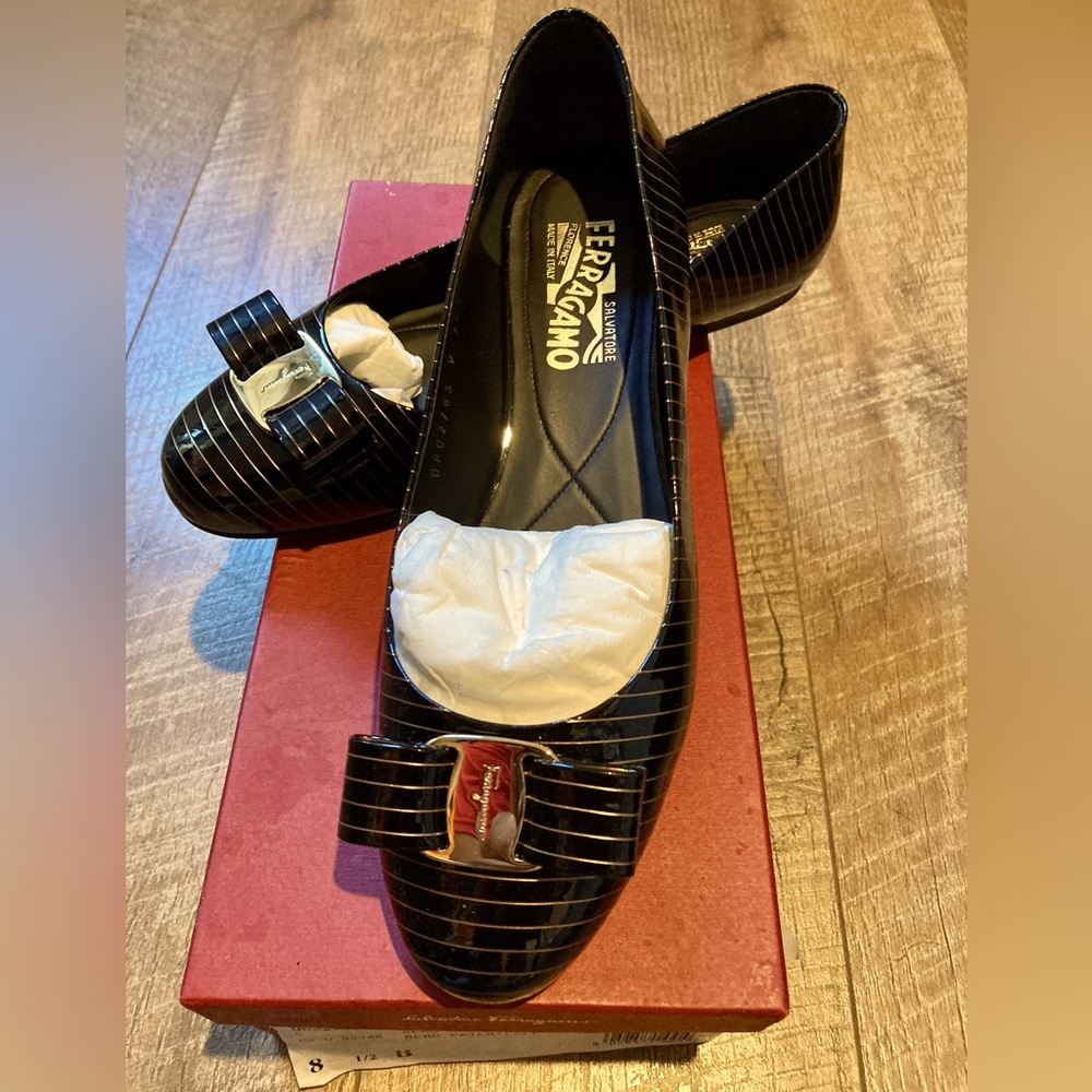 Salvatore Ferragamo Varina Leather Flats (Black & Gold) made in Florence, Italy